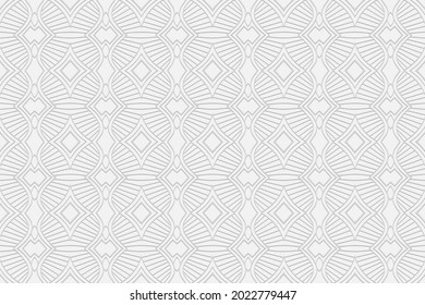 3d volumetric convex embossed geometric white background. Original pattern using handmade technique. Ethnic oriental, Asian, Indonesian ornaments for design and decoration.