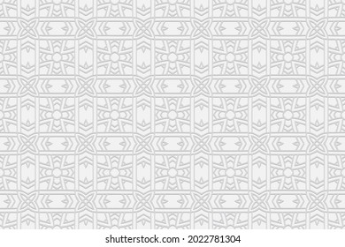 3d volumetric convex embossed geometric white background. Stylish pattern in handmade technique. Ethnic oriental, Asian, Indonesian ornaments for design and decoration.