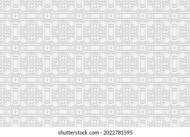 3d volumetric convex embossed geometric white background. Floral pattern in handmade technique. Ethnic oriental, Asian, Indonesian ornaments for design and decoration.