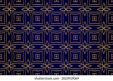 3d volumetric convex embossed geometric dark blue background with ethnic graceful golden pattern. Oriental, Asian, Indian ornament in the style of openwork arabesque for design and decoration.