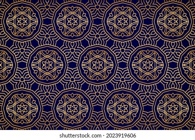 3d volumetric convex embossed geometric dark blue background with ethnic beautiful floral gold pattern. Oriental, Asian, Indian ornament in the style of openwork arabesque for design and decoration. 