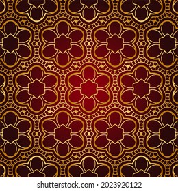 3d volumetric convex embossed geometric dark red background with ethnic unique decorative gold pattern. Oriental, Asian, Indian ornament in the style of openwork arabesque for design and decoration.