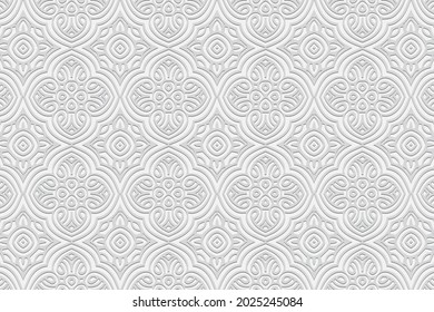 3D volumetric convex embossed geometric white background. Elegant pattern, texture in arabesque style. Ethnic oriental, Asian, Indonesian ornaments for design and decoration. 