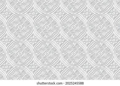 3D volumetric convex embossed geometric white background. Floral pattern, texture in arabesque style. Ethnic oriental, Asian, Indonesian ornaments for design and decoration.
