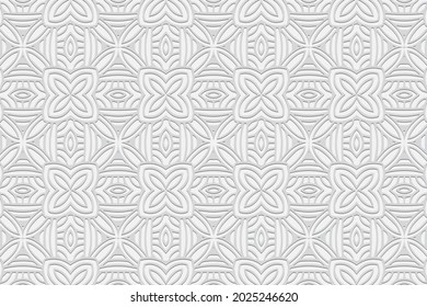3D volumetric convex embossed geometric white background. Decorative pattern, texture in the style of arabesque. Ethnic oriental, Asian, Indonesian ornaments for design and decoration.