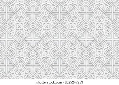 3D volumetric convex embossed geometric white background. Artistic pattern, texture in arabesque style. Ethnic oriental, Asian, Indonesian ornaments for design and decoration.