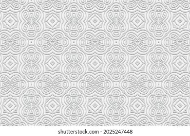 3D volumetric convex embossed geometric white background. Artistic swirl pattern, arabesque texture. Ethnic oriental, Asian, Indonesian ornaments for design and decoration.
