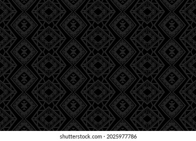 3D volumetric convex embossed geometric black background. Vintage pattern, decorative texture in arabesque style. Ethnic oriental, Asian, Indonesian, Mexican ornaments.