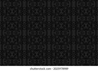 3D volumetric convex embossed geometric black background. Vintage pattern, elegant texture in arabesque style. Ethnic oriental, Asian, Indonesian, Mexican ornaments.