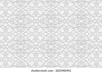 3D volumetric convex embossed geometric unique white background. Ethnic pattern, arabesque texture. Oriental, Asian, Indonesian art ornaments for design.