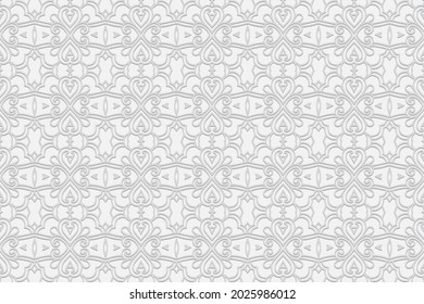 3D volumetric convex embossed geometric unique white background. Ethnic pattern, arabesque texture. Oriental, Asian, Indonesian graceful ornaments for design.