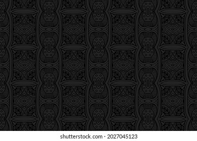 3D volumetric convex embossed geometric black background. Vintage pattern, texture in arabesque style. Ethnic artistic exotic oriental, Asian, Indonesian, Mexican ornaments.