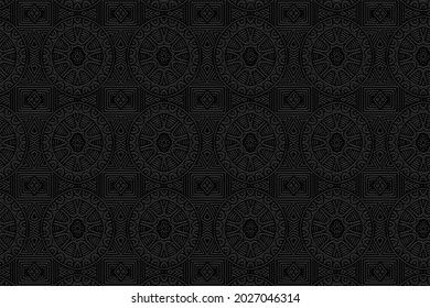 3D volumetric convex embossed geometric black background. Vintage pattern, texture in arabesque style. Ethnic art creative oriental, asian, indonesian, mexican ornaments.