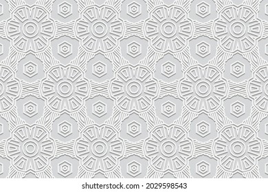 3d volumetric convex embossed geometric white background. Ethnic pattern. Unique ornament. Texture in the style of arabesque. Oriental, Asian, Indonesian motives.