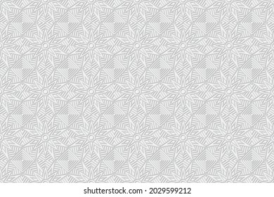 3d volumetric convex embossed geometric white background. Ethnic pattern. Beautiful ornament. Texture in the style of arabesque. Oriental, Asian, Indonesian motives.