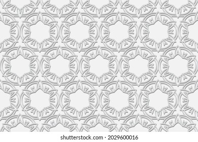 3d volumetric convex embossed geometric white background. Ethnic pattern. Floral ornament.Texture in the style of arabesque. Oriental, Asian, Indonesian motives.