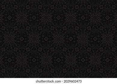 3D volumetric convex embossed geometric black background. Ethnic pattern.Exotic ornament. Arabesque texture with oriental, asian, indonesian, mexican, aztec motives.