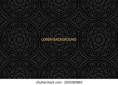 3D volumetric convex embossed geometric black background. Ethnic vintage pattern. Decorative national ornament in the Arabesque style. Oriental, Asian, Indonesian, Mexican, Aztec motives.