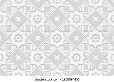 3D volumetrischer, konvexe, geprägter weißer Hintergrund. Ethnische Geometrie. Dekoratives Muster für Bildschirmhintergründe, Präsentationen, Textilien, Websites, Farbseiten, Verpackungspapier.