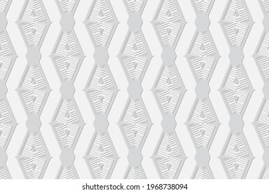 3D volumetric convex embossed white background. Ethnic geometric style. Beautiful creative curly pattern for wallpapers, presentations, textiles, websites, coloring, wrapping paper.