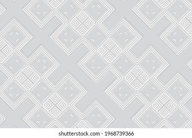 3D volumetric convex embossed white background. Ethnic geometric style. Modern original curly pattern for wallpapers, presentations, textiles, websites, coloring, wrapping paper.