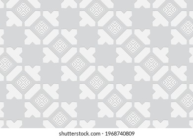 3D volumetric convex embossed white background. Ethnic geometric style. Decorative original pattern for wallpapers, presentations, textiles, websites, coloring, wrapping paper.