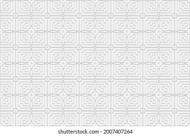 3D volumetric convex embossed white background. Ethnic Arabic geometric pattern with handmade elements. Ornament for design and decor, textiles, wallpapers, presentations, business cards.