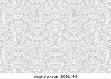 fondo blanco resquebrajado en convexo volumétrico 3D. Patrón étnico oriental, asiático, indio con elementos hechos a mano. Ornamento geométrico exótico para diseño y decoración.