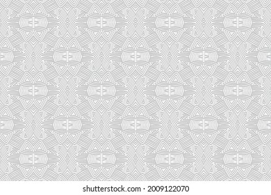 3D volumetric convex embossed white background. Ethnic oriental, asian, indian pattern with handmade elements. Geometric beautiful decorative texture for design and decoration.