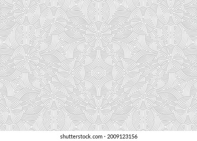3D volumetric convex embossed white background. Ethnic oriental, asian, indian pattern with handmade elements. Geometric beautiful flower texture for design and decoration.