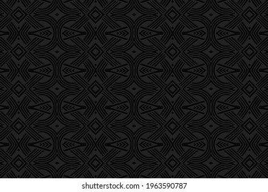 3d volumetric convex geometric abstract black background. Ethnic embossed oriental islamic pattern. Design for presentations, websites, textiles, wallpapers.