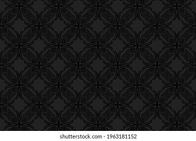 3d volumetric convex geometric black background. Ethnic embossed exotic oriental islamic pattern. Design for presentations, websites, textiles, coloring.