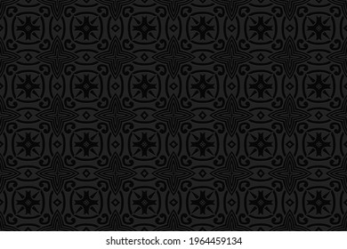 Fondo negro geométrico convexo vexo volumétrico 3d. Patrón de moda y de moda étnico. Motivos orientales, islámicos, árabes y maracanes. Ornamento para fondos de pantalla, presentaciones, textiles, sitios web.