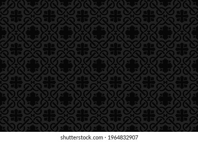 Fondo negro geométrico convexo vexo volumétrico 3d. Patrón de folk original étnico. Motivos orientales, islámicos, árabes y maracanes. Ornamento para fondos de pantalla, presentaciones, textiles, sitios web.