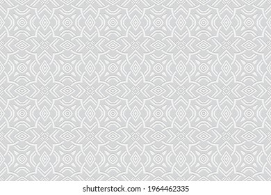 Fondo blanco geométrico convexo volumétrico 3d. Patrón étnico exótico. Motivos orientales, islámicos, árabes y maracanes. Ornamento para fondos de pantalla, presentaciones, textiles, sitios web.