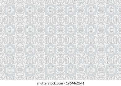 Fondo blanco geométrico convexo volumétrico 3d. Patrón de estilo étnico Embosante. Motivos orientales, islámicos, árabes y maracanes. Ornamento para fondos de pantalla, presentaciones, textiles, sitios web.