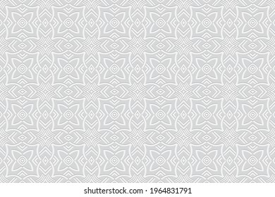 3d volumetric convex geometric white background. Embossed ethnic floral pattern. Oriental, Islamic, Arabic, Maracan motives. Ornament for wallpapers, presentations, textiles, websites.