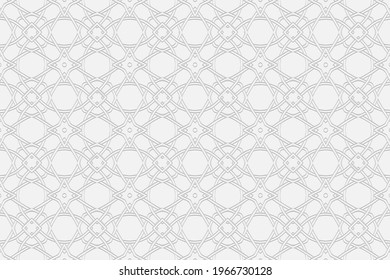 3d volumetric convex geometric white background. Eastern Islamic, Moroccan style. Ornament with ethnic embossed beautiful pattern.Modern wallpaper for presentations, textiles, stained glass.