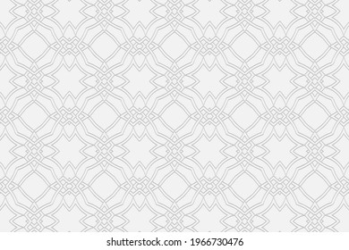 3d volumetric convex geometric white background. Eastern Islamic, Moroccan style. Ornament with ethnic relief pattern with figures, lines. Wallpaper for presentations, textiles, stained glass.