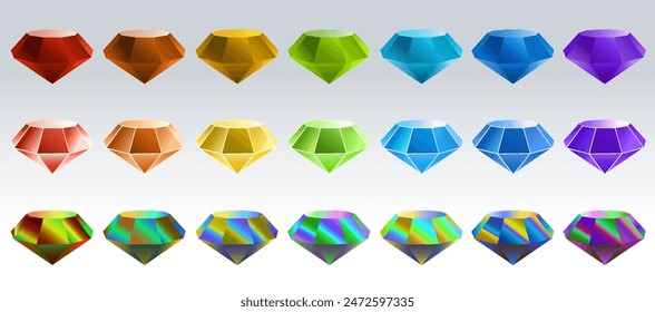 3D Volumetric diamonds, multicolored gems. A set of multicolored, iridescent diamonds on a light background, arranged in 3 rows. Vector illustration.