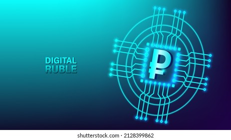3d volumetric digital vector symbol of the Russian ruble and a microcircuit with a bright glow on a blue-cyan background