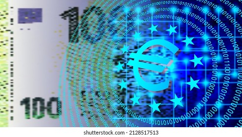 3d volumetric financial digital symbol of the euro against the background of a pixelated turbid banknote of 100 euros