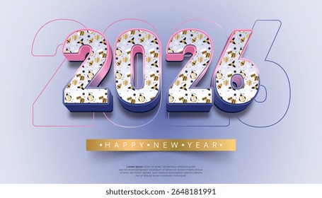 Números volumétricos 3D 2026 exibir padrões festivos de férias e o texto Feliz Ano Novo