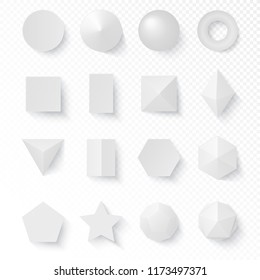 3d volumetric soft white shapes figures set. Realistic vector primitives with shadows.