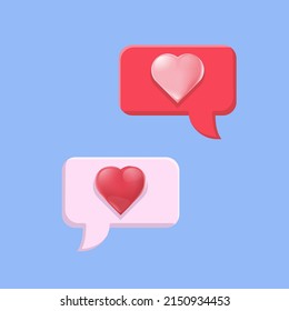 3D voluminous vector heart red and pink on flat vector button on blue background 