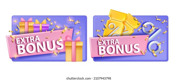 3D voucher coupon gift card set, vector discount offer promotion ticket, extra bonus banner on white. Special sale reward, customer loyalty program premium promo badge. 3D holiday VIP voucher