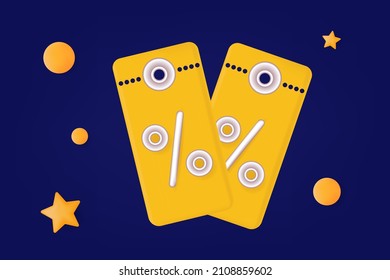 3d voucher coupon. Gift offer with a loyalty program discount. Profitable free bonus for the purchase of a voucher, ticket or sale coupon. Price tag or prize, win, cheap purchase or reward. Vector