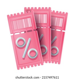 3d voucher coupon, isolated vector discount promo card sale purchase certificate, pink gift lucky ticket. Promotion shopping label percent sign, special VIP offer badge. 3D benefit coupon illustration