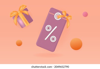 3d voucher gift coupon. Discount or low percentage, loyalty program price tag. Advertising promotion of goods, discount. Special offer with a voucher, ticket. Purchase, sale, shopping banner. Vector 