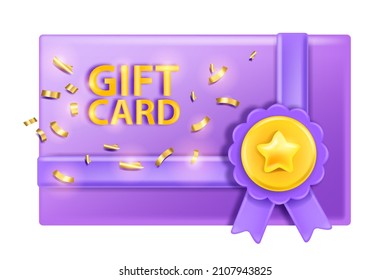 3D voucher, vector gift card, discount coupon icon, special offer certificate, award medal, golden confetti. Loyalty program promotion, premium holiday sale flyer on white. 3D birthday bonus voucher
